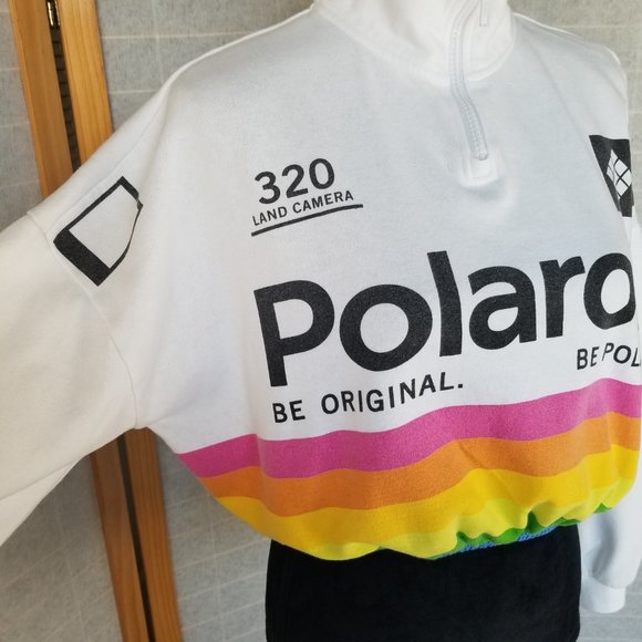 Polaroid Crop Sweatshirt Quarter Zip Vintage Style Rainbow White Medium Photo - Picture 6 of 9